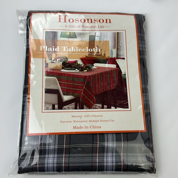 New Hosonson Plaid Table Cloth. New. 60” X 102”. Gray Black White and Red. - Picture 1 of 5
